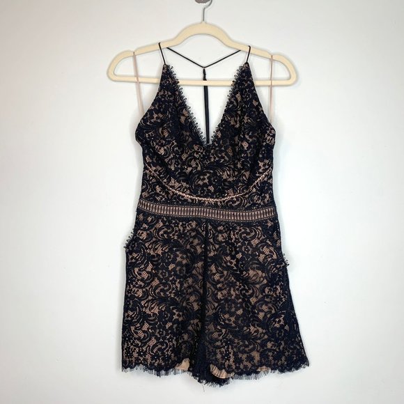 Stylestalker Pants - STYLESTALKER x Revolve Black Lace Plunge Romper with Pockets Sz‎ S